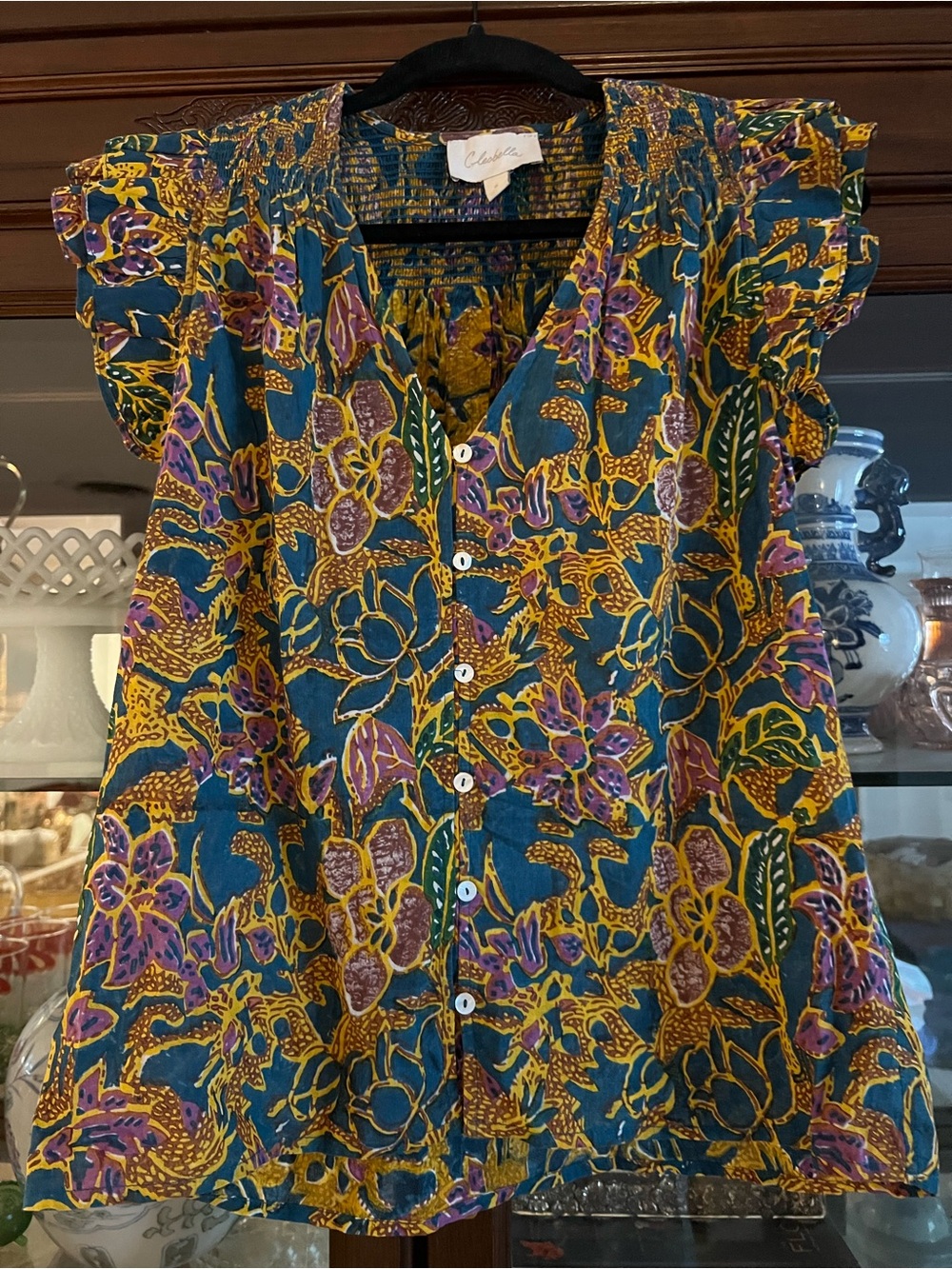 Cleobella Teal and mustard Floral Button-Front Women's Top size S